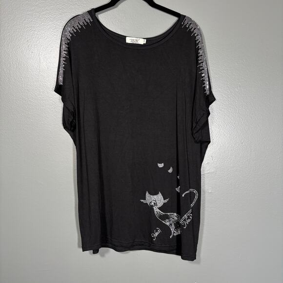 Julia Women's Dopamine Rhinestone Bling Cat Black Top - Size L/XL - Whimsygoth - Picture 1 of 8